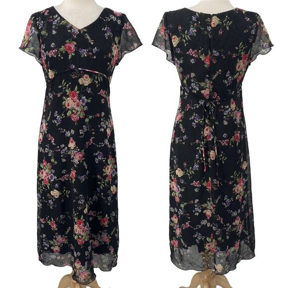 Vintage 90s Floral Print Midi Dress Crepe Empire Tie Waist V Neck Black Pink M - Picture 2 of 9